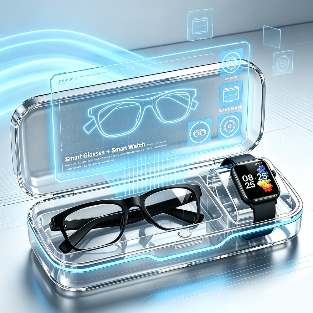 AI Translation Smart Glasses and Smartwatch Set 2026 Real-Time Multi-Language Photo Translation Built-In Mic Speaker Calling Music Full Touch Wearable Tech Bundle Men Women Black Pink Silver