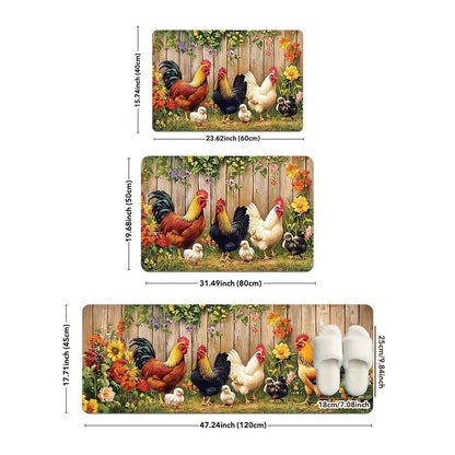 Rooster Farmhouse Kitchen Rugs in Round, Runner and 1- to 4-Piece Mat Set Size Options for Floors