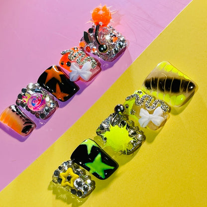 Press On Nails Handmade Y2K Duckbill Set with 3D Eye Barbell Star Rhinestone Charms and S M L Sizes