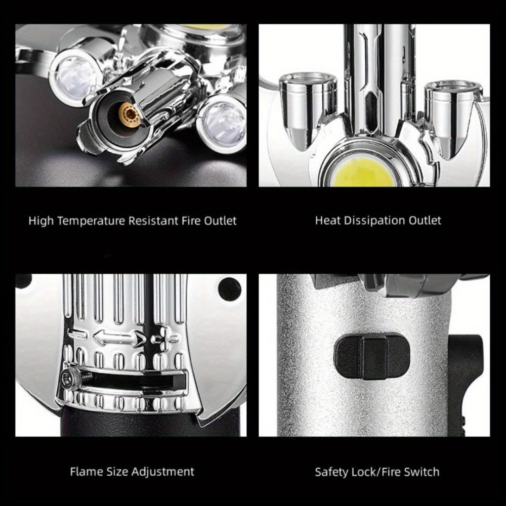 Multi-Nozzle Metal Torch Lighter with COB Auxiliary Light and Black or Silver-Tone Finish Options
