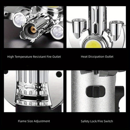 Multi-Nozzle Metal Torch Lighter with COB Auxiliary Light and Black or Silver-Tone Finish Options