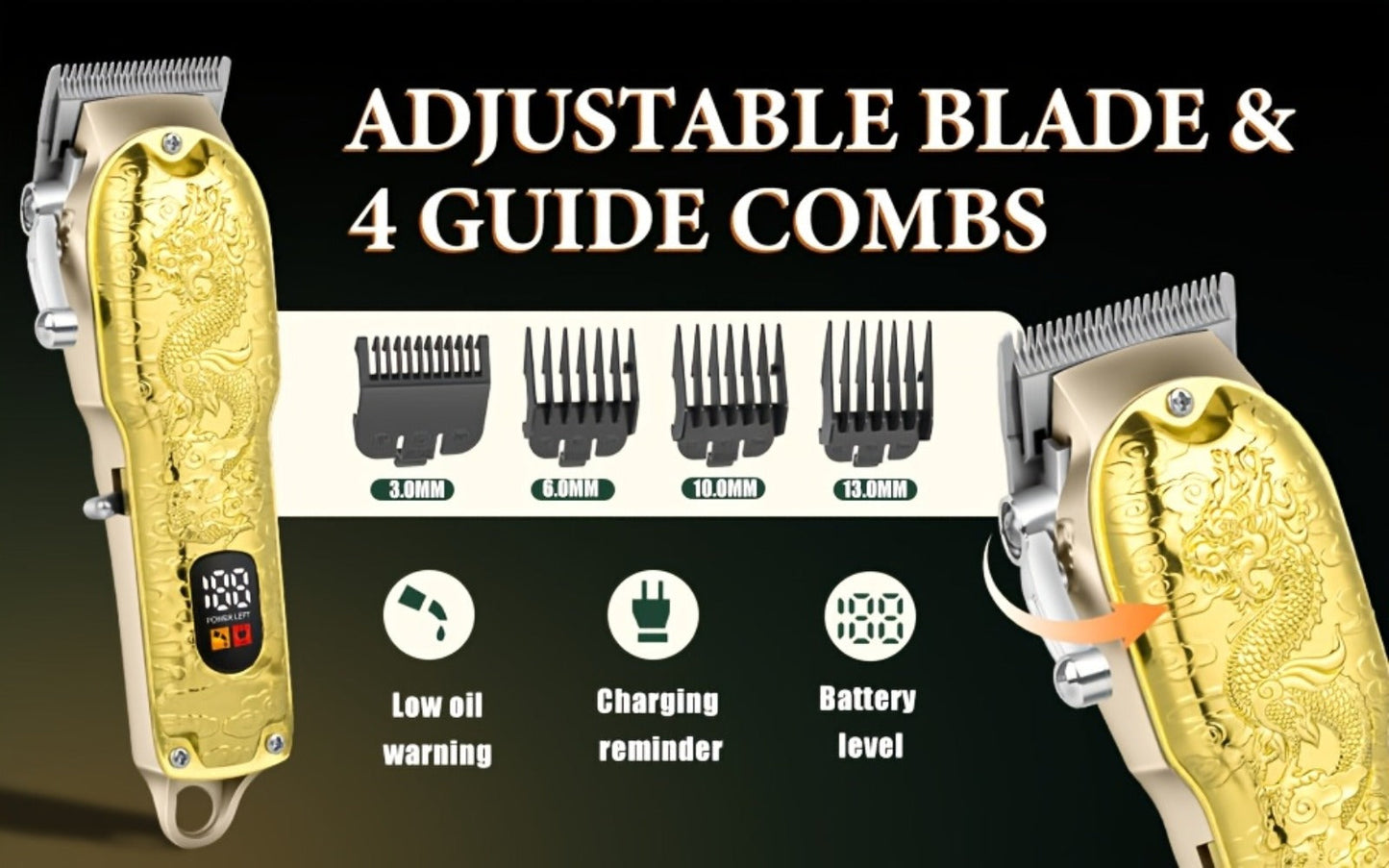 Hair Clippers & Trimmers LQT Golden Dragon Three-Piece Set with LCD Displays, USB Cables and Gift Box