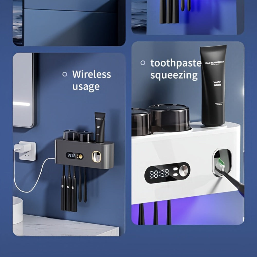 Five-Slot Wall-Mounted Toothbrush Holder with Two Cups, Toothpaste Dispenser and Digital Display