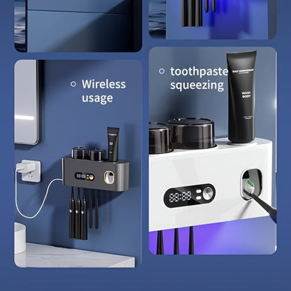 Five-Slot Wall-Mounted Toothbrush Holder with Two Cups, Toothpaste Dispenser and Digital Display