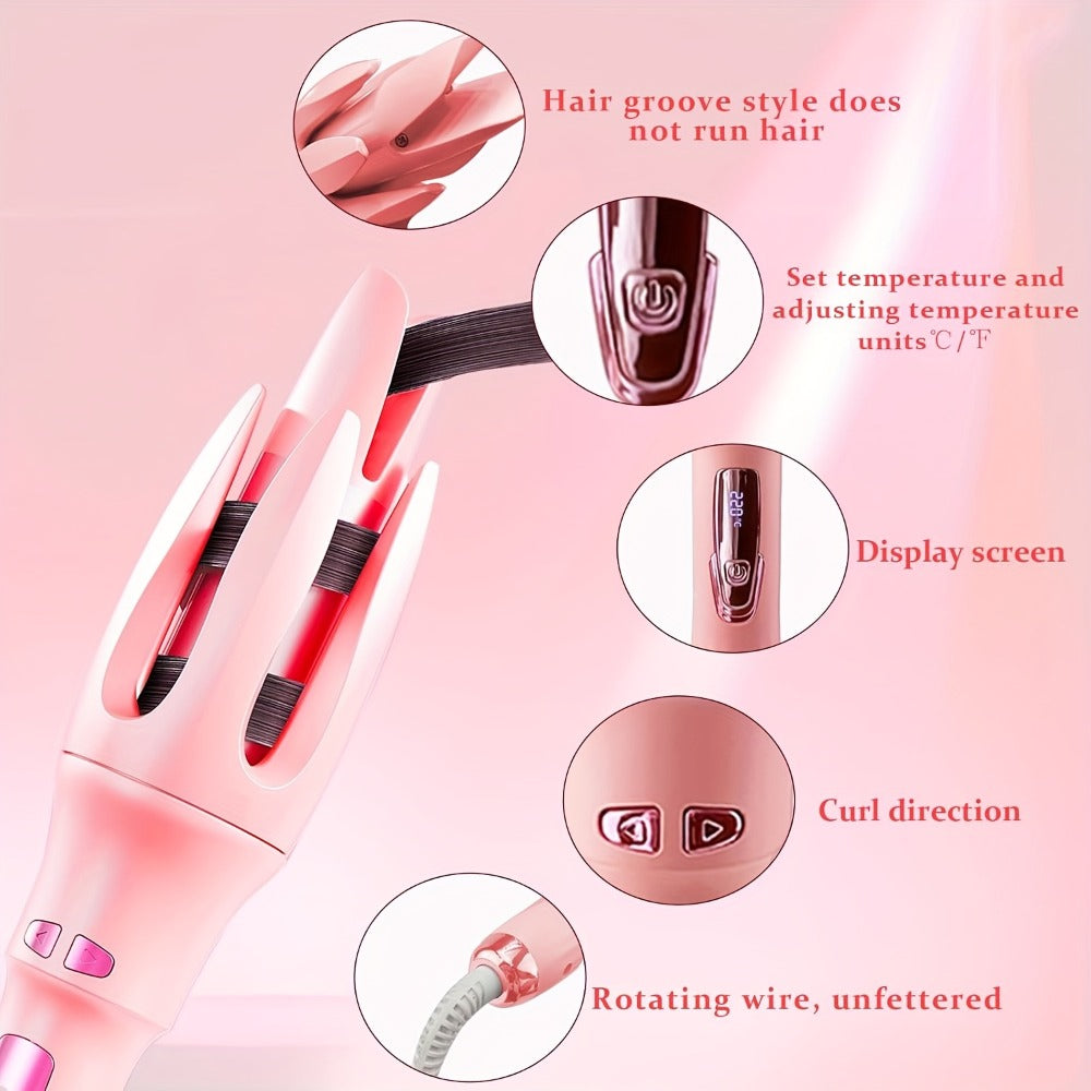 Automatic Curling Iron 32mm Essential Oil Coating – 4 Temperature Settings Anti-Scald Moisturizing Hair Curler with Hairpins & Comb for All Hair Types – Purple