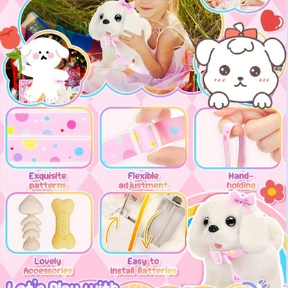 Plush Toy – White Electronic Puppy with Walking, Barking, Tail-Wagging Action, Leash and Bow