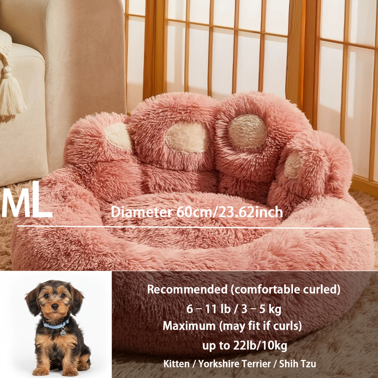 Plush Dog Bed Bear Paw Design – Thickened Soft Warm Pet Cushion Bed for Dogs & Cats, Non-Slip Bottom, Extra Large Cat Bed, 4 Sizes ML/L/XL/2XL – Pink, Grey, Coffee