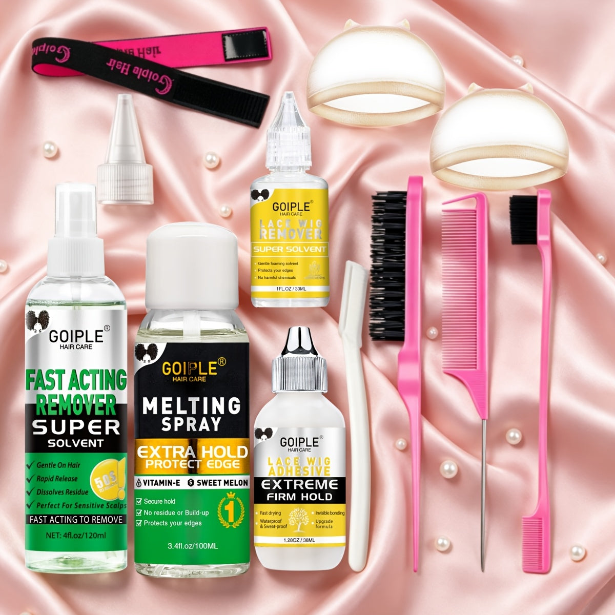 Wig Installation Kit in 9-Piece Glue or 14-Piece Styling Sets with Bands, Caps, Combs and Liquid Bottles