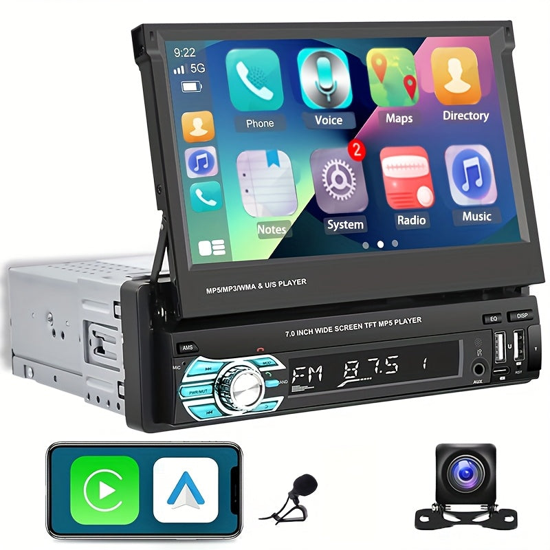 Single Din Car Stereo 7 Inch Flip Out Touchscreen - Wireless CarPlay & Android Auto, 1080P HD, FM Radio, SWC, Voice Control, USB/Type-C/AUX, Backup Camera Compatible