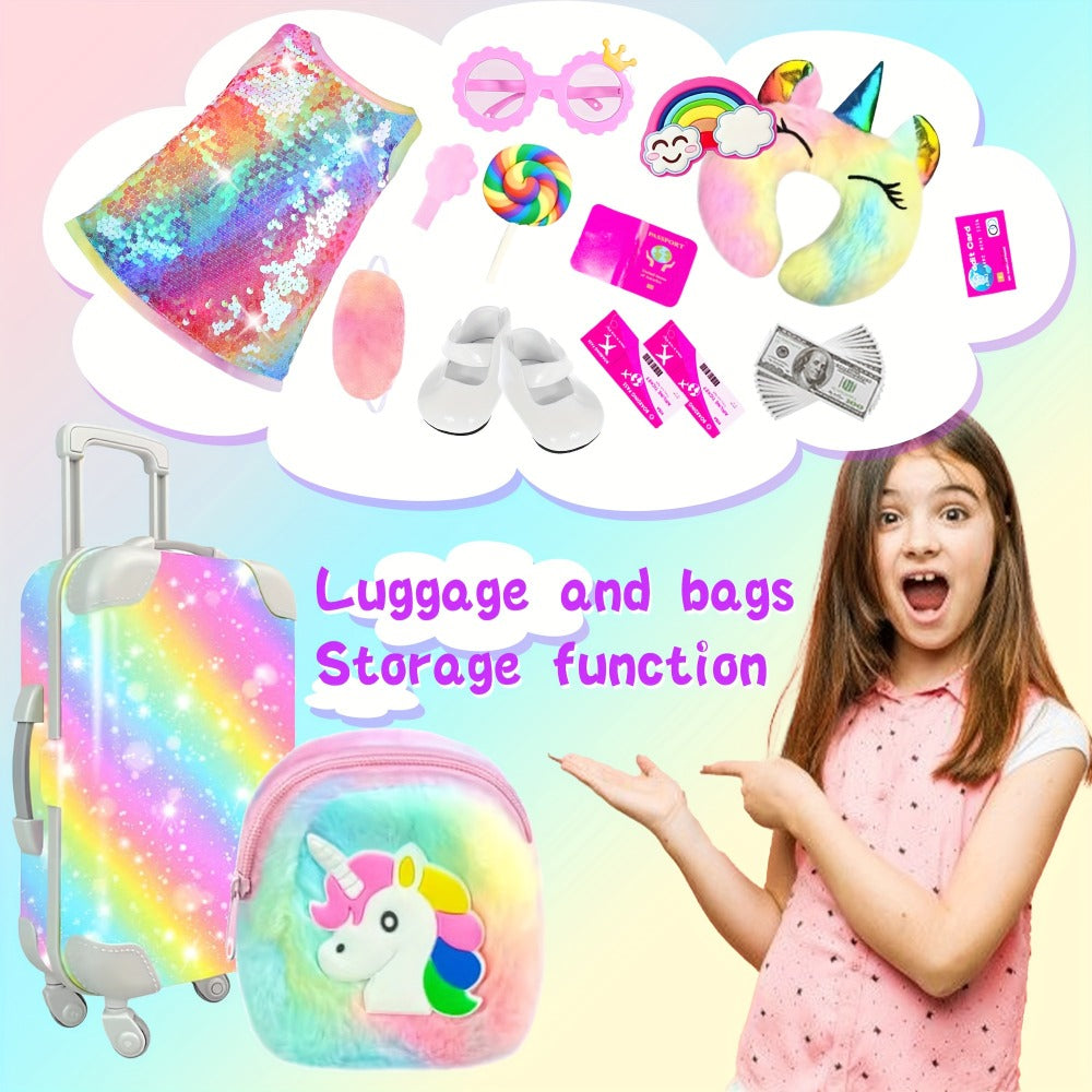 Twenty-Four-Piece Travel Accessory Set for 18-Inch Dolls with Rainbow Suitcase, Sequin Dress and Shoes
