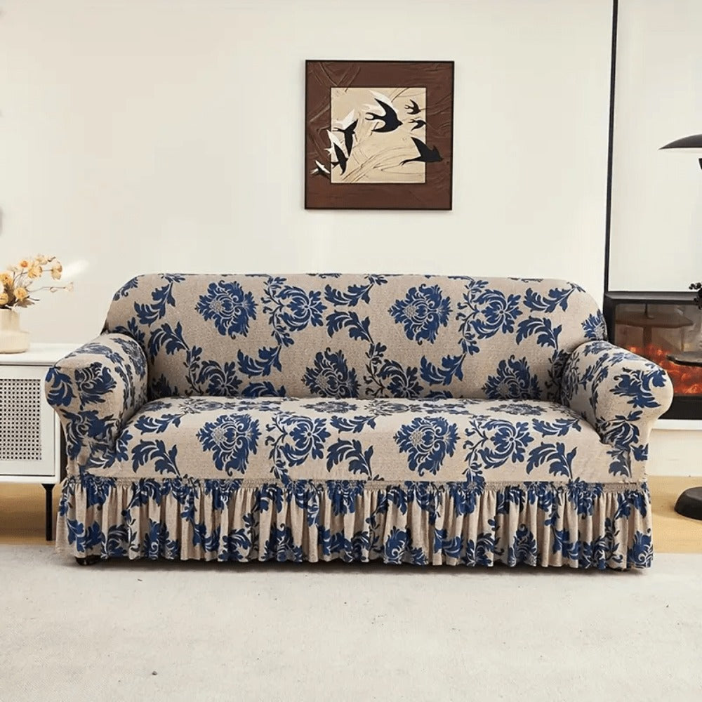 Sofa Slipcover, Dark Blue Stretch Cover with Ruffle Skirt, Fixed Rod and One-to-Four-Seat Options