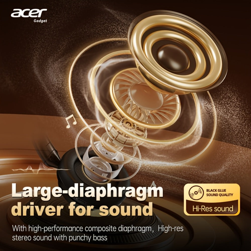 Acer OHR560 ANC Over-Ear Wireless Headphones, Full-Coverage Foldable Design HiFi Stereo HD ENC Call Noise Reduction Built-in Mic, 3.5mm Audio Cable Compatible for Work Travel Gaming Study