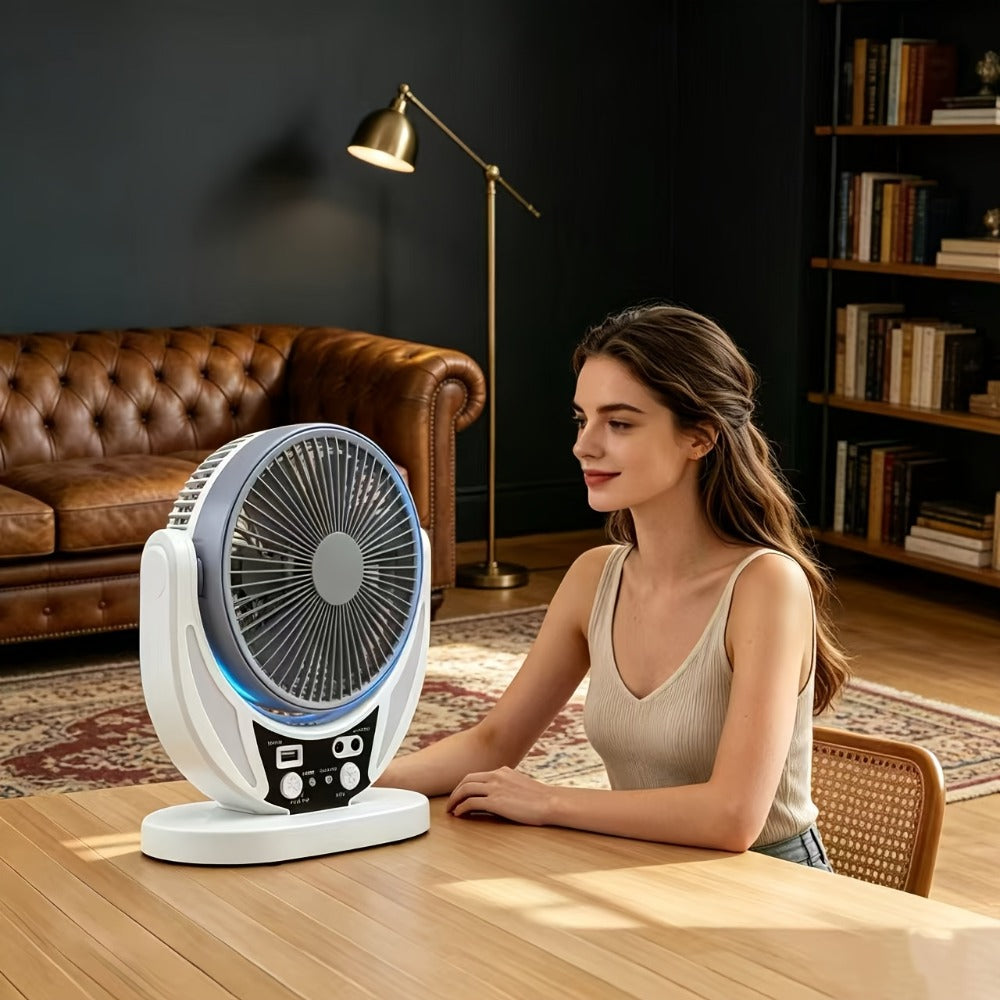 Solar Desk Fan with Adjustable Stand, Separate Panel, USB Input, Phone Output and 1-Piece Package