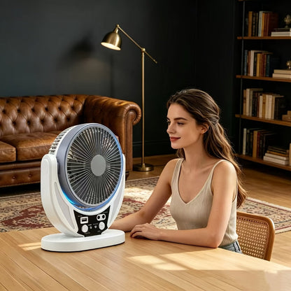 Solar Desk Fan with Adjustable Stand, Separate Panel, USB Input, Phone Output and 1-Piece Package