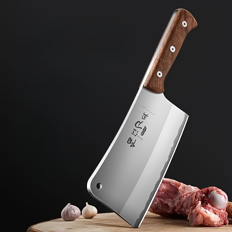 Extra-Thick 22 cm Blade Meat Cleaver with Hanging Hole, Broad Chopping Profile and Wood-Tone Handle