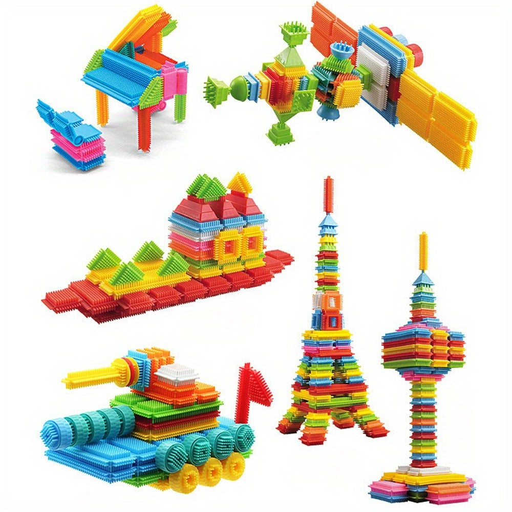 Building Block Set Bristle Construction Pieces, 150-Piece Colorful Interlocking Shapes with Storage Tub