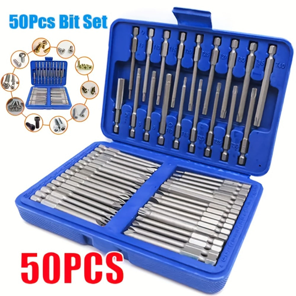 50-Piece Magnetic Security Screwdriver Bit Set with 75 mm Extended 1/4-Inch Hex Shanks and Blue Case