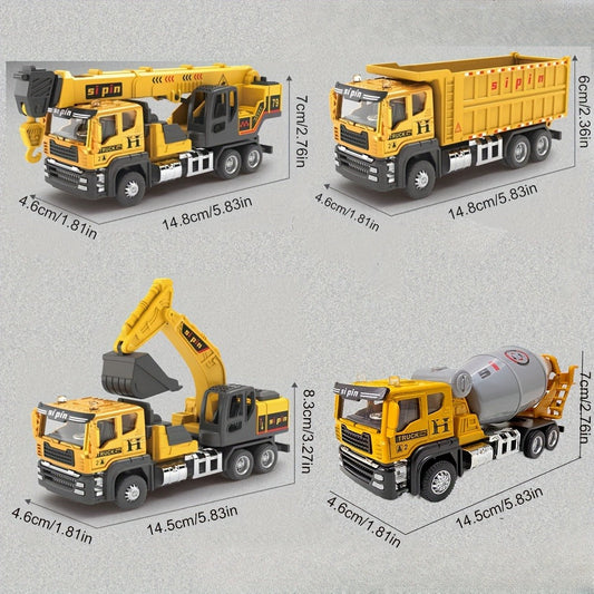 Die-Cast Construction Vehicle Toy Set – Mini Alloy Excavator, Dump Truck, Cement Mixer & Crane Trucks for Toddlers Boys Ages 3+, No Battery Needed, Birthday Christmas Gift