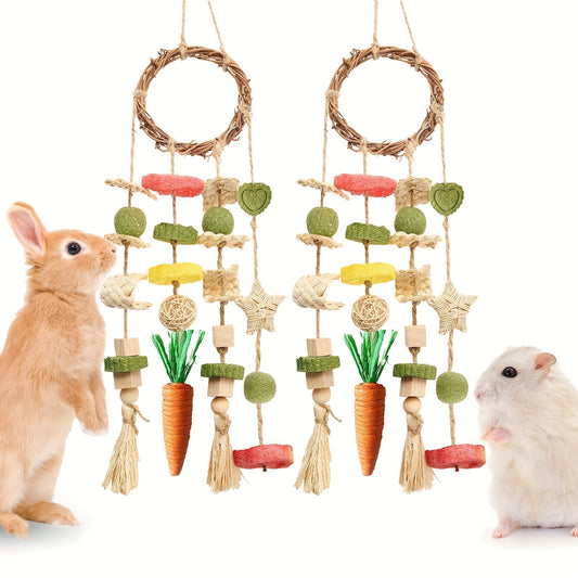 Small Animal Chew Toys 2 Pack - Rattan Ring Hanging Cage Toys with Natural Snacks for Rabbits Guinea Pigs Chinchillas Hamsters Rats - Teeth Grinding Enrichment Toy for Bunnies and Small Pets