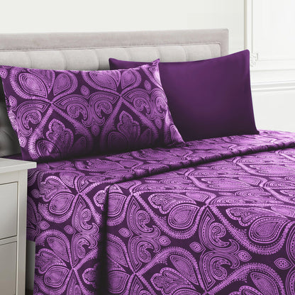 Bed Sheet Set Paisley Brushed Polyester in 4- or 6-Piece Sizing with 16-Inch Pocket and Wash Instructions
