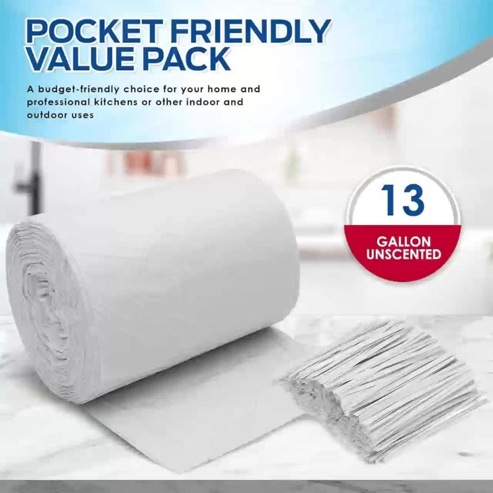 13-Gallon White Garbage Bags in 26, 62 or 104-Count Roll Options for Kitchen, Bathroom and Household Waste Bins