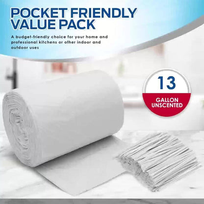 13-Gallon White Garbage Bags in 26, 62 or 104-Count Roll Options for Kitchen, Bathroom and Household Waste Bins