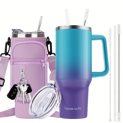 Handled 40oz Stainless Steel Tumbler with Straw Lid, Tapered Base and Five Color Options for Daily Use