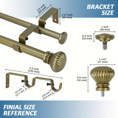 Double Curtain Rod Set with Fluted Ball Finials, Dual Brackets and 28–48 or 84–120 Inch Options