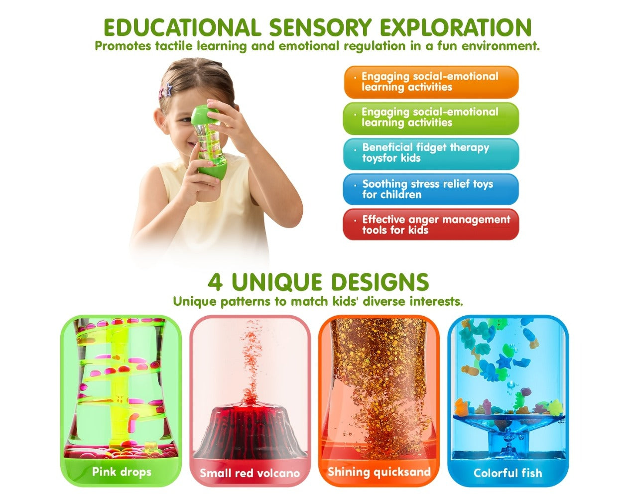 Four-Piece Visual Flow Tube Set with Glitter, Fish, Flake and Volcano Motion Designs in Four Shapes