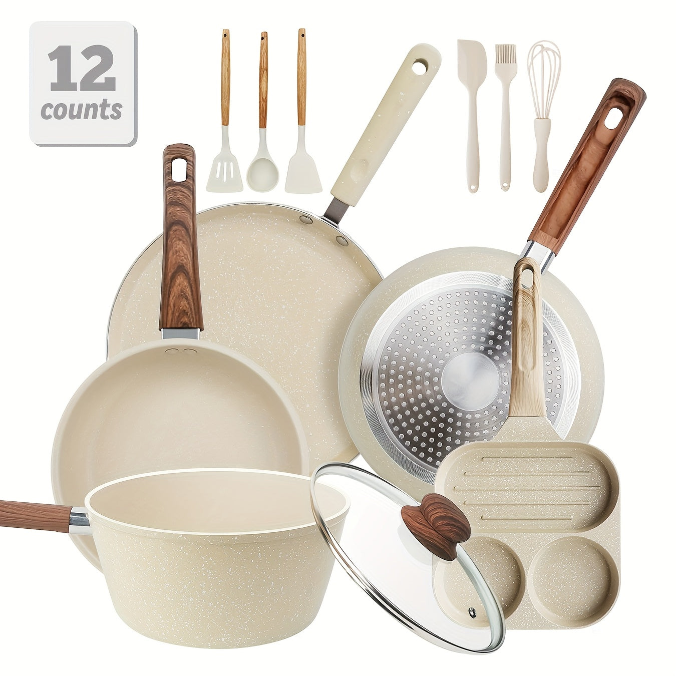 Non-Stick Cookware Set 7 12 & 15 Piece Induction Compatible – Frying Pan Steamer Silicone Spatula & Tongs | Complete Pots and Pans Cooking Set | Perfect Wedding Housewarming Gift for Friends