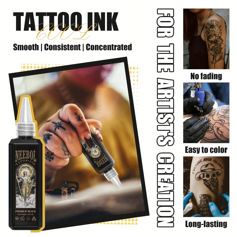 Black Tattoo Ink 3.38oz 100ml - Neebol Premium Super Dark Formula for Outlining Shading Blending, Long-Lasting Fade-Resistant Body Art Ink for Professional Tattoo Artists & Beginners