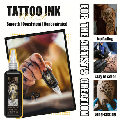 Black Tattoo Ink 3.38oz 100ml - Neebol Premium Super Dark Formula for Outlining Shading Blending, Long-Lasting Fade-Resistant Body Art Ink for Professional Tattoo Artists & Beginners