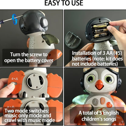 Musical Crawling Penguin Toy with Light-Up Wings, Moving Eyes and Four Front Control Buttons