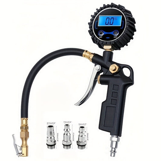 Digital Tire Pressure Gauge 200 PSI - LCD Backlit Display, 4-Unit Readings & 3 Connectors | Portable Inflator Gauge for Car, Truck, Motorcycle & Bike