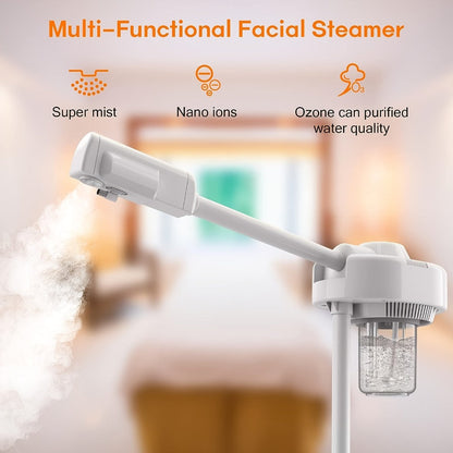 Rolling Facial Steamer with Black or White Head, Removable 250 ml Tank and Adjustable Stand Heights