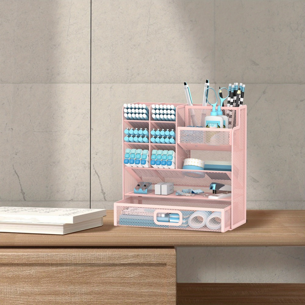 Mesh Desk Organizer with Pull-Out Drawer, Tiered Compartments and Six Color Checkout Options