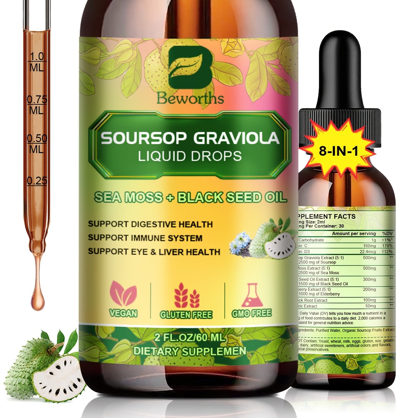 [8-IN-1 Soursop Drops] 1/3 Bottles 8-IN-1 Soursop Liquid Drops, Graviola Leaf & Fruit Complex Supplement With Sea Moss,Black Seed Oil,Elderberry,Burdock Root,Tumeric, Gluten-Free,Serene Herbs Soursop Bitters,Serene Soursop For Daily Health & Wellness