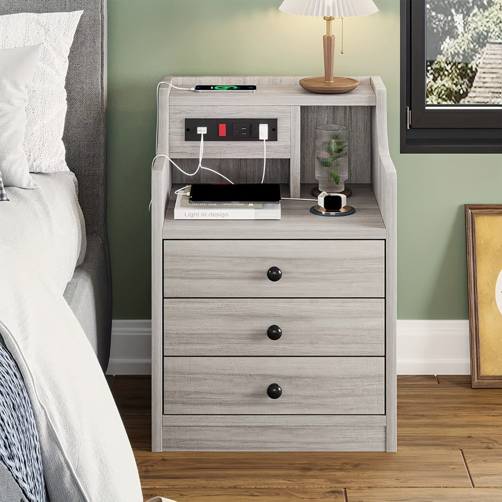 Nightstand 3-Drawer Hutch with Two AC Outlets, Two USB Ports and Gray or White Bedroom Finish