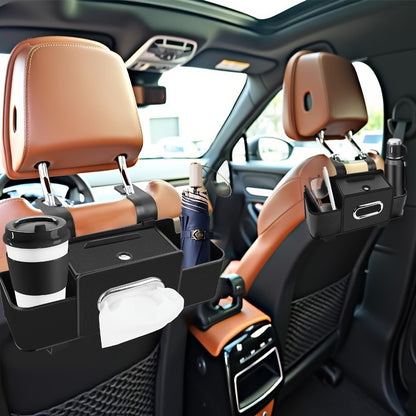 Car Backseat Organizer with Dual Cup Holders, Tissue Box & Hooks – Multi-Function Back Seat Storage for SUV, Sedan & Minivan | Brown, Orange, Black, Cream