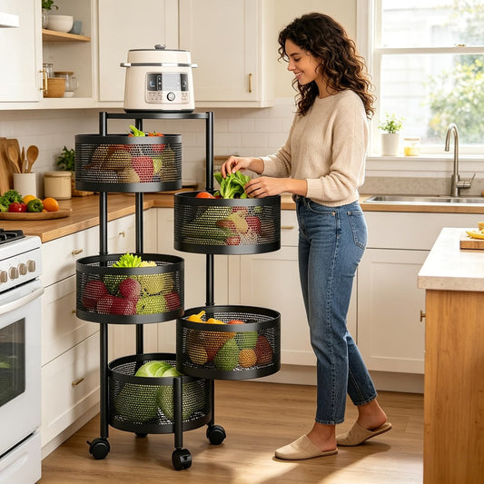 Rolling Storage Cart with Wheels 5-Tier 360° Rotating Kitchen Organizer Basket, No Assembly Space-Saving Floor Standing Bin for Kitchen Pantry Bathroom Bedroom Fruits Vegetables Home Organization