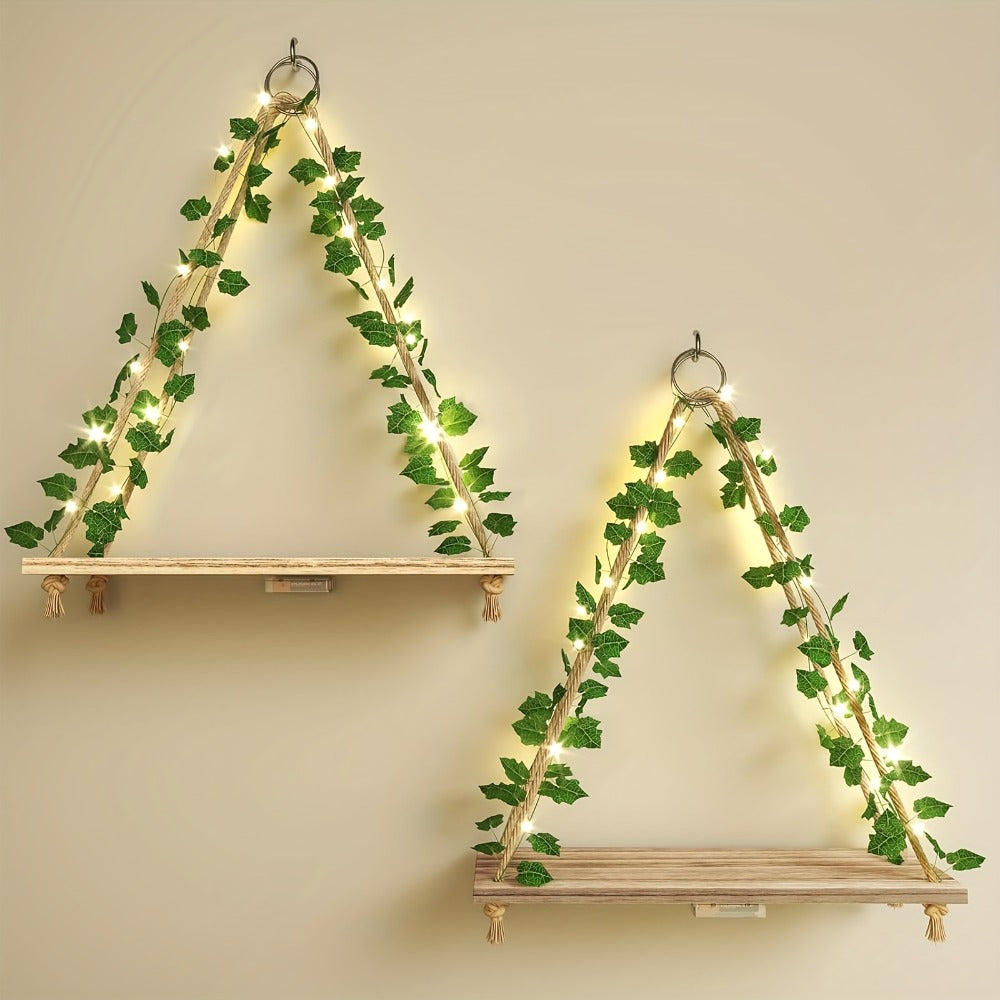 Hanging Wall Shelf Set with Macrame-Style Ropes, Artificial Ivy, LED Light Strands and 2- to 4-Piece Options