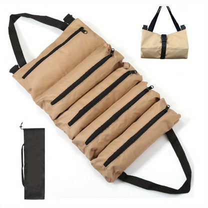 Collapsible Tool Roll Organizer Bag in Green or Black with Multiple Pockets and Carry Handles