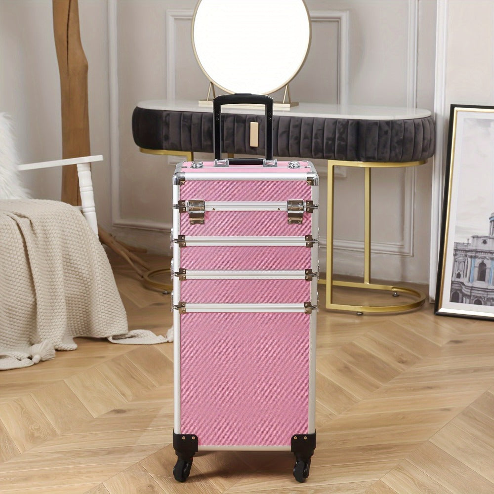 Four-in-One Rolling Makeup Case with Aluminum Frame, Swivel Wheels and Black, Pink or Silver Options