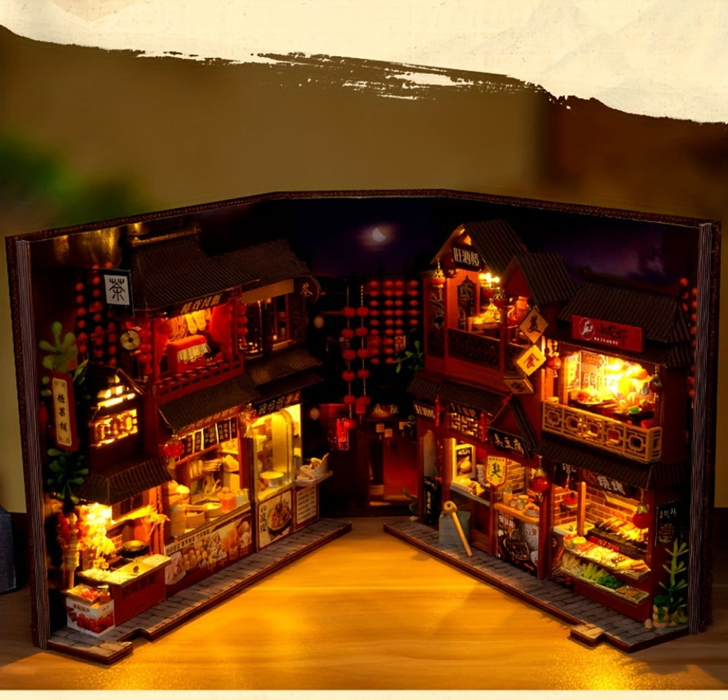 Chinese Food Street Book Nook Kit with LED-Lit Miniature Shops, Sliding Dust Cover and Wooden Shelf Insert