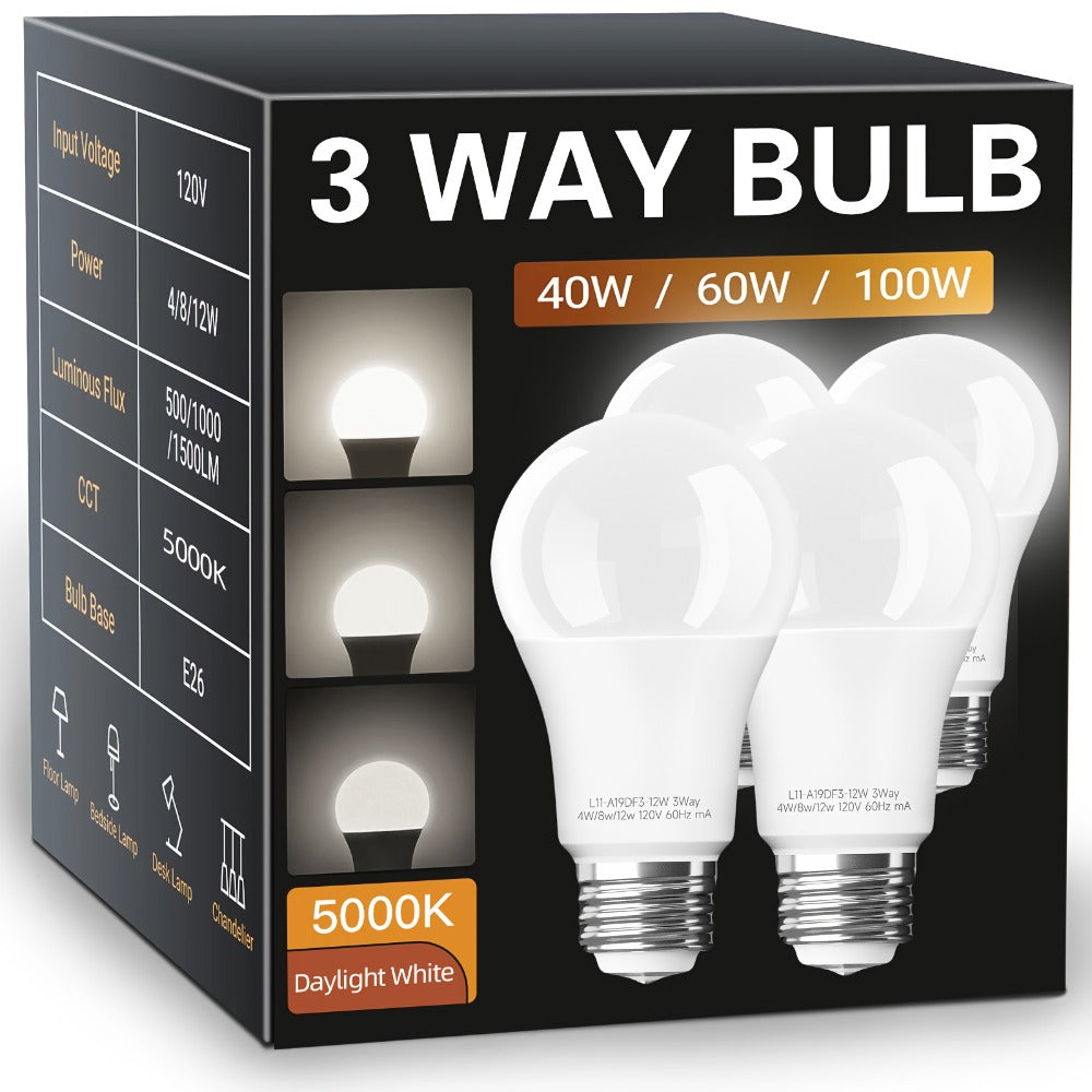Three-Way A19 LED Bulbs with E26 Base, 1500 Lumens and 2700 K or 5000 K Light, Four-Pack for Floor and Table Lamps