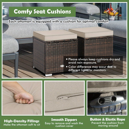 Two-Piece Outdoor Wicker Ottoman Set with Hidden Storage, Detachable Cushions and Six Color Options