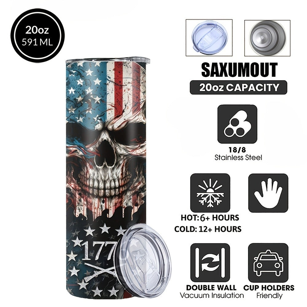 Insulated Tumbler 20oz Patriotic Skull Graphic in Blue with Stainless Steel, Lid and Straw