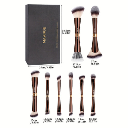 Double-Ended Makeup Brush Set 8-Piece with Storage Box – Premium Aluminum Alloy Handle, 16 Brush Heads for Foundation Blush Contour, Travel-Ready Gift for Women
