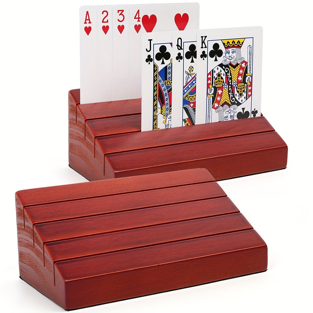 Two-Piece Wood-Look Playing Card Holder Set with Four Ascending Slots and Capacity for Up to 40 Cards Each