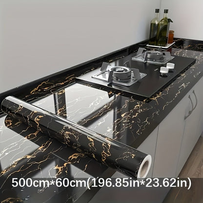 Black Marble Peel-and-Stick Contact Paper, 23.62 by 196.85 Inches, with Gold Vein Pattern for Furniture